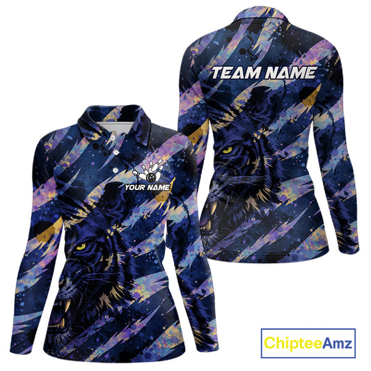 Blue and Purple watercolor Tiger Bowling Polo, Quarter Zip Shirt For Women Custom bowling Team outfit NQS11308