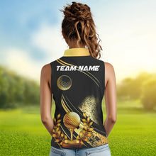 Load image into Gallery viewer, Black and Gold Women Sleeveless polo shirt custom golf apparel team jerseys, personalized golf gifts NQS9594