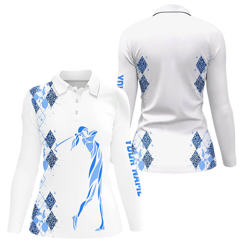 Blue Leopard argyle pattern white Women golf polo shirt custom golf wear for women, unique golf gifts NQS9736