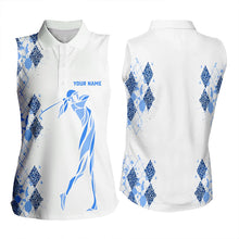 Load image into Gallery viewer, Blue Leopard argyle pattern white Women sleeveless golf polo shirt custom golf tank top for women NQS9736