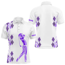 Load image into Gallery viewer, Purple Leopard argyle pattern white Men golf polo shirts custom golf wear for men, unique golf gifts NQS9737