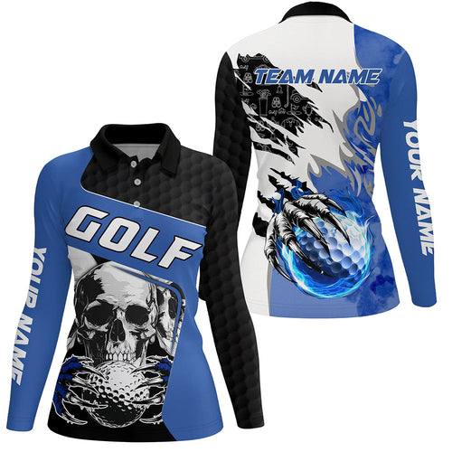 Womens golf polo shirts custom skull golf ball fire golf jerseys, unique golf gifts | Blue NQS7519