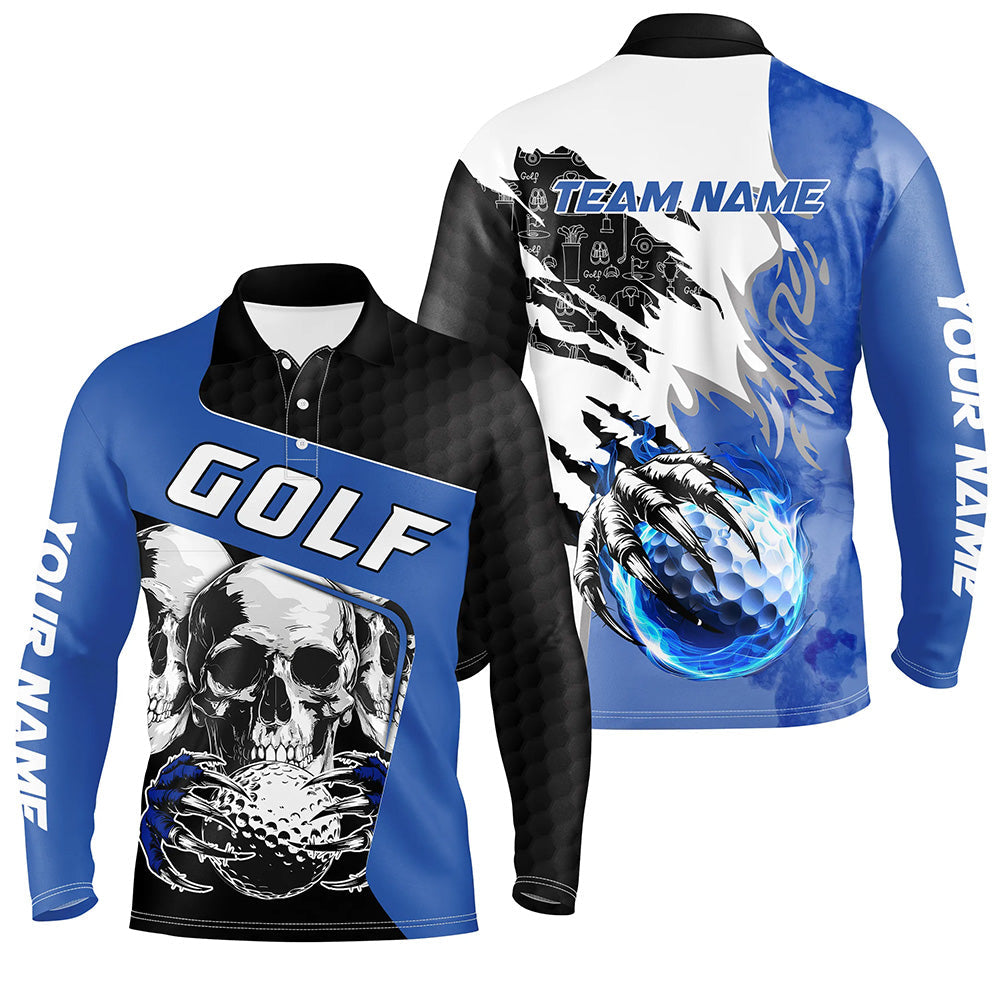 Mens golf polo shirts custom skull golf ball fire golf jerseys, unique golf gifts | Blue NQS7519