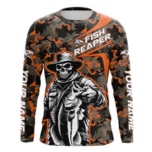 Load image into Gallery viewer, Custom Fish Reaper Skull Bass Long Sleeve Fishing Shirt, Bass Hunter Fishing Jerseys | Orange Camo IPHW6507