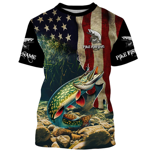 Northern Pike fishing American Flag patriotic custom name UV Protection Long Sleeve Fishing apparel NQS500