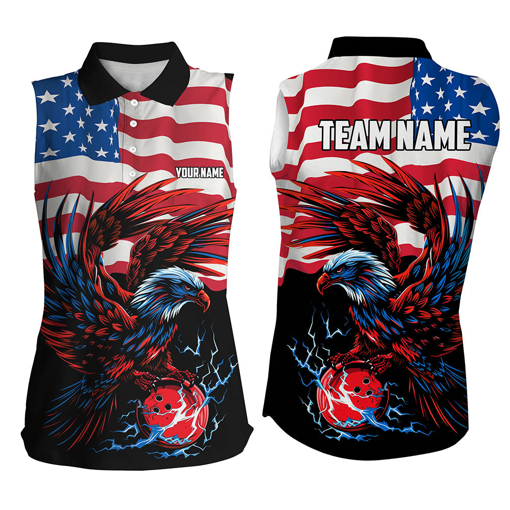 Personalized Eagle Bowling Sleeveless Polo Shirts for Women, Custom American Flag Cool Bowler Jerseys NQS7891