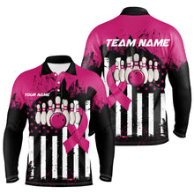 Load image into Gallery viewer, Pink and Black American flag Men Polo, 1/4 Zip Shirts Custom Breast Cancer Awareness bowling jerseys NQS8102