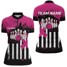 Load image into Gallery viewer, Pink and Black American flag Women Polo, 1/4 Zip Shirts Custom Breast Cancer Awareness bowling jerseys NQS8102