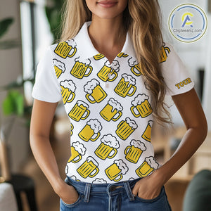 Funny Yellow beer pattern Women golf polo shirts custom fun golf shirts, cool golf gifts NQS10301