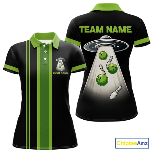 Black and Green ufo alien Retro Bowling Polo, Quarter Zip Shirts for Women Custom Bowling Team Jersey NQS10727