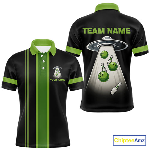 Black and Green ufo alien Retro Bowling Polo, Quarter Zip Shirts for men Custom Bowling Team Jersey NQS10727