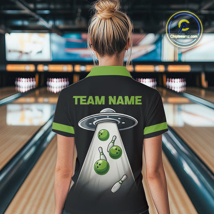 Black and Green ufo alien Retro Bowling Polo, Quarter Zip Shirts for Women Custom Bowling Team Jersey NQS10727