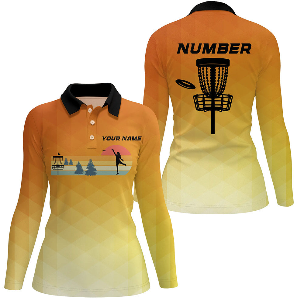 Orange gradient Retro disc golf polo shirt for women custom name and number disc golf jerseys NQS8779