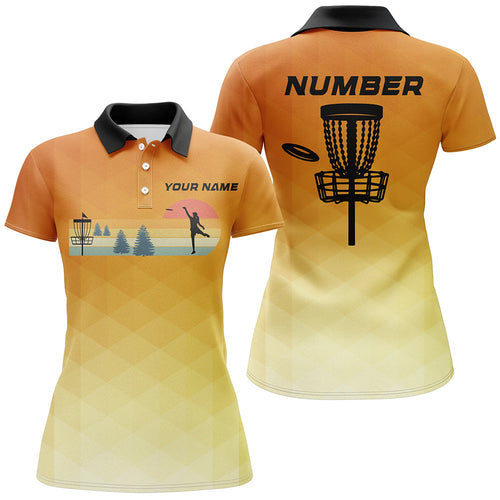 Orange gradient Retro disc golf polo shirt for women custom name and number disc golf jerseys NQS8779