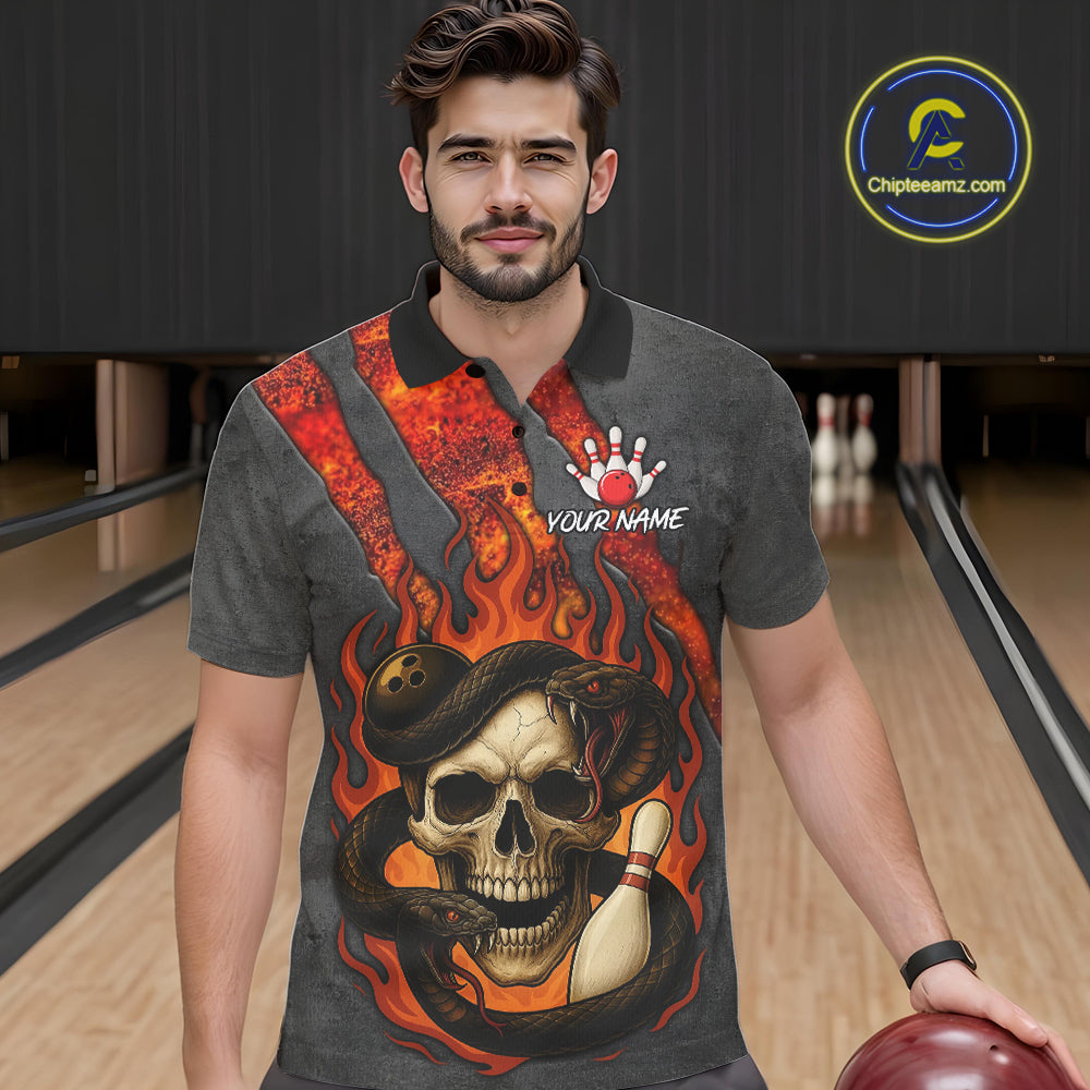 Red Flame Skull Snake Bowling Polo, Quarter Zip Shirts for Men Custom Team Bowling Jersey NQS10937