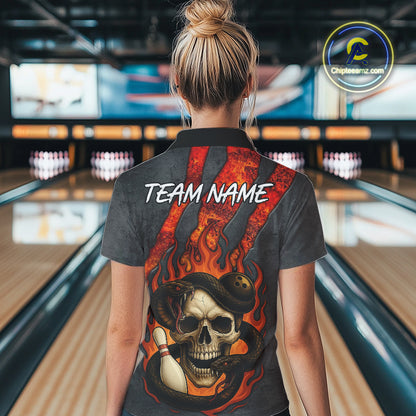 Red Flame Skull Snake Bowling Polo, Quarter Zip Shirts for Women Custom Team Bowling Jersey NQS10937