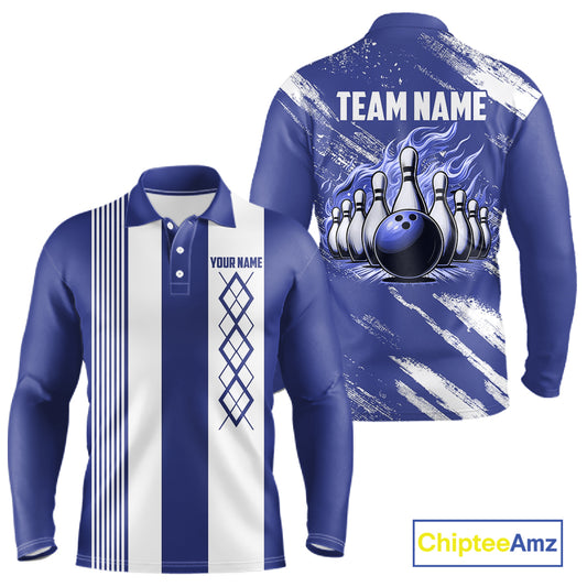 Blue and White Argyle Flame bowling Men Polo, 1/4 Quarter Zip Shirts Custom bowling team jerseys NQS11312