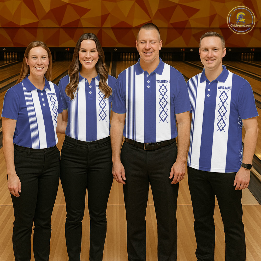 Blue and White Argyle Flame bowling Men Polo, 1/4 Quarter Zip Shirts Custom bowling team jerseys NQS11312