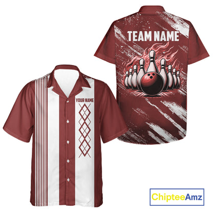 Red and White retro Argyle Flame Bowling Hawaiian Shirt Custom bowling team jersey NQS11313