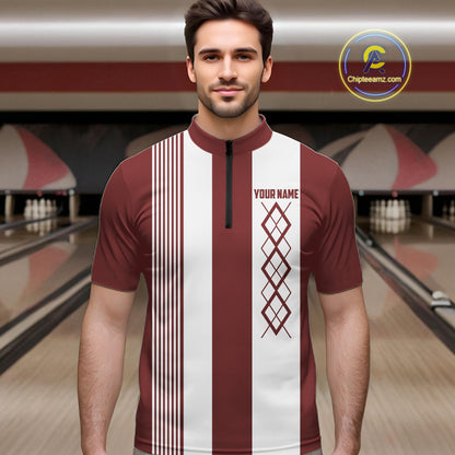 Red and White retro Argyle Flame bowling Men Polo, 1/4 Quarter Zip Shirts Custom bowling team jerseys NQS11313