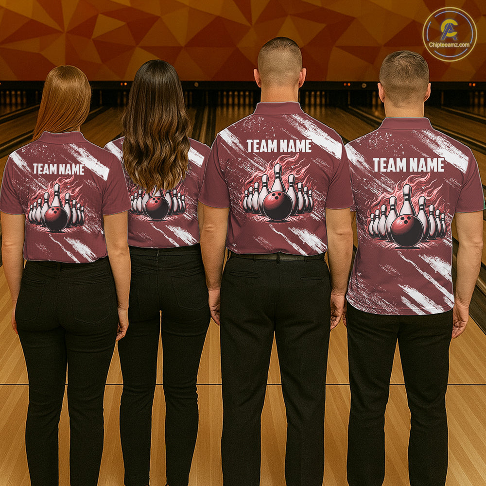 Red and White retro Argyle Flame bowling Men Polo, 1/4 Quarter Zip Shirts Custom bowling team jerseys NQS11313