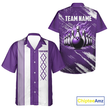 Purple & White retro Argyle Flame Bowling Hawaiian Shirt Custom bowling team jersey NQS11314