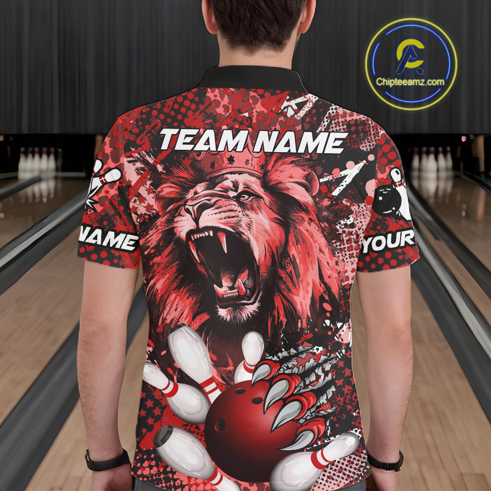 Red Camo Lion roar Bowling Polo, Quarter Zip Shirts for Men Custom Lion Bowling Team jerseys NQS11523