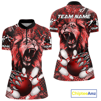Red Camo Lion roar Bowling Polo, Quarter Zip Shirts for Women Custom Lion Bowling Team jerseys NQS11523
