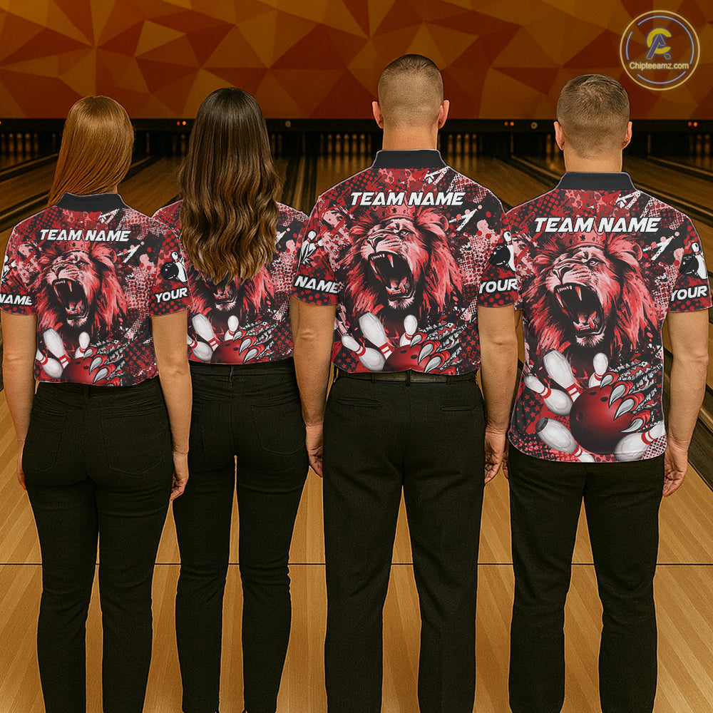 Red Camo Lion roar Bowling Polo, Quarter Zip Shirts for Men Custom Lion Bowling Team jerseys NQS11523