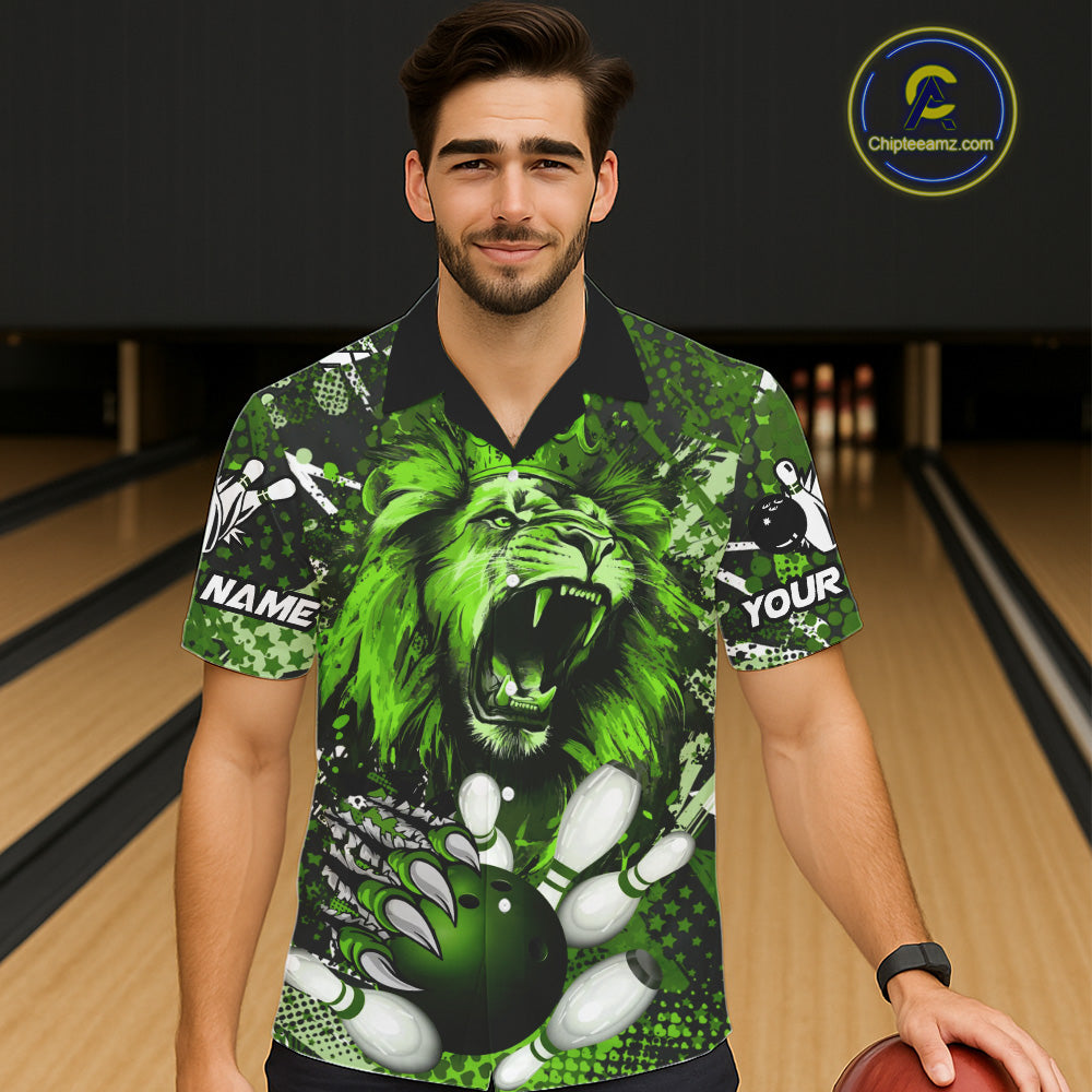 Green Camo Lion roar Bowling Hawaiian Shirt Custom Lion Bowling Team button up shirts NQS11524