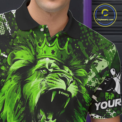 Green Camo Lion roar Bowling Polo, Quarter Zip Shirts for Men Custom Lion Bowling Team jerseys NQS11524