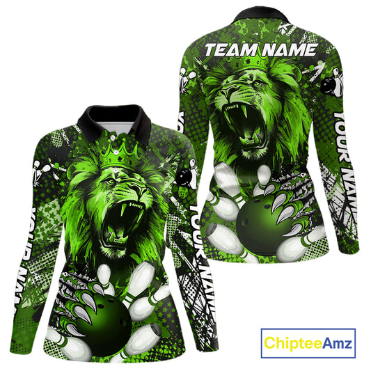 Green Camo Lion roar Bowling Polo, Quarter Zip Shirts for Women Custom Lion Bowling Team jerseys NQS11524