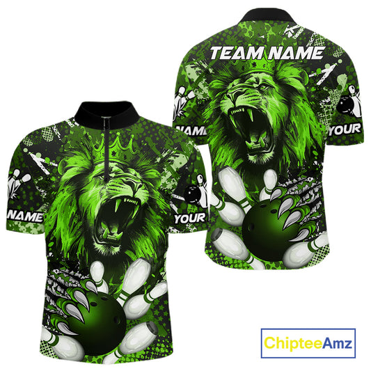 Green Camo Lion roar Bowling Polo, Quarter Zip Shirts for Men Custom Lion Bowling Team jerseys NQS11524