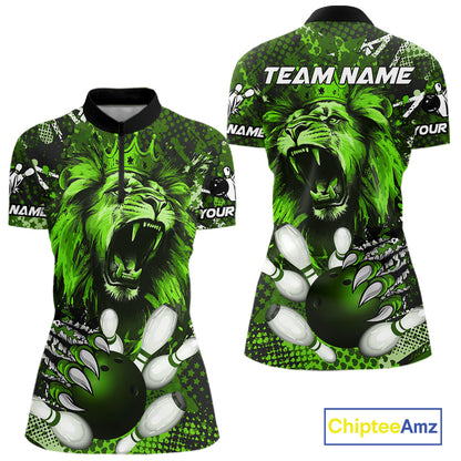 Green Camo Lion roar Bowling Polo, Quarter Zip Shirts for Women Custom Lion Bowling Team jerseys NQS11524