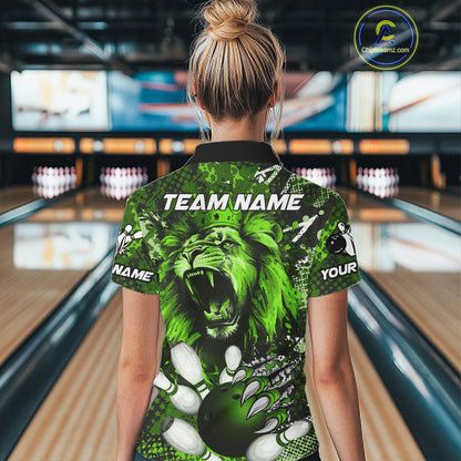 Green Camo Lion roar Bowling Polo, Quarter Zip Shirts for Women Custom Lion Bowling Team jerseys NQS11524
