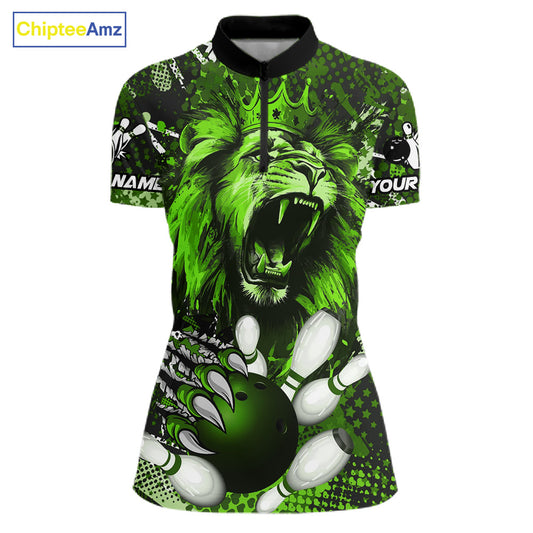 Green Camo Lion roar Bowling Polo, Quarter Zip Shirts for Women Custom Lion Bowling Team jerseys NQS11524