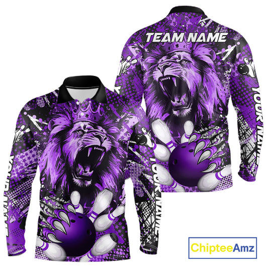 Purple Camo Lion roar Bowling Polo, Quarter Zip Shirts for Men Custom Lion Bowling Team jerseys NQS11525