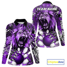 Load image into Gallery viewer, Purple Camo Lion roar Bowling Polo, Quarter Zip Shirts for Women Custom Lion Bowling Team jerseys NQS11525