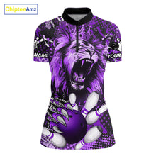 Load image into Gallery viewer, Purple Camo Lion roar Bowling Polo, Quarter Zip Shirts for Women Custom Lion Bowling Team jerseys NQS11525