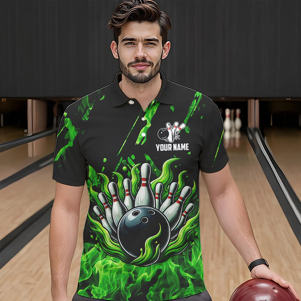 Green Flame Bowling Polo, 1/4 Zip jerseys for Men Custom St Patrick Bowling Team jerseys for bowlers NQS9600