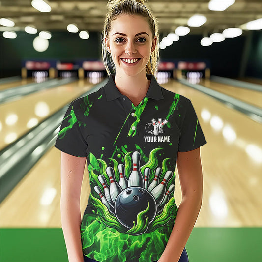 Green Flame Bowling Polo, 1/4 Zip jerseys for Women Custom Bowling Team jerseys for bowlers NQS9600