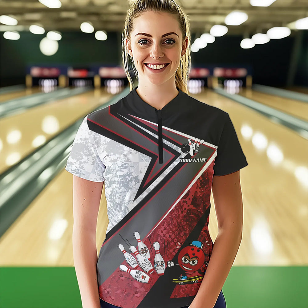 Funny Bowling ball and Pins Women bowling shirt Custom Camo Bowling Team Jersey, gift for Bowler | Red NQS9604