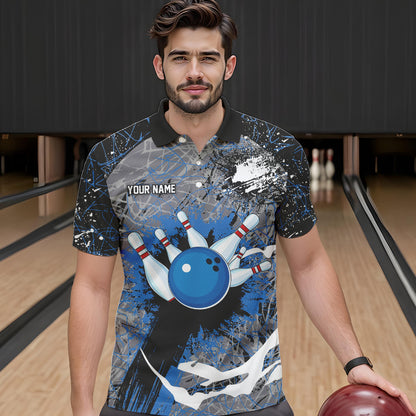 Personalized Black And Blue Camo Bowling Jerseys For Men Custom Bowling Team Polo, Quarter-Zip Shirts NQS9746