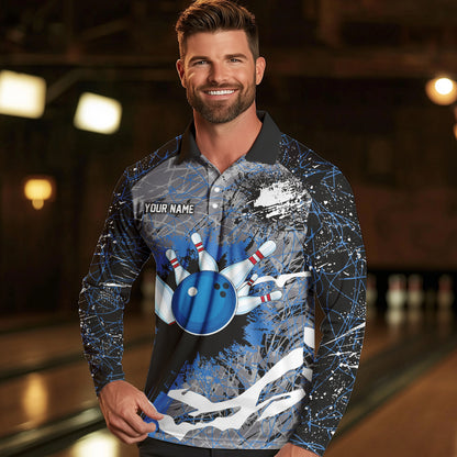Personalized Black And Blue Camo Bowling Jerseys For Men Custom Bowling Team Polo, Quarter-Zip Shirts NQS9746