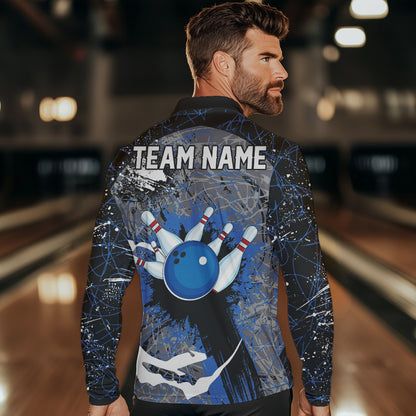 Personalized Black And Blue Camo Bowling Jerseys For Men Custom Bowling Team Polo, Quarter-Zip Shirts NQS9746