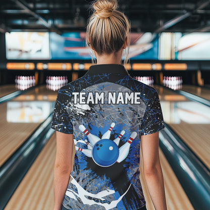 Personalized Black And Blue Camo Bowling Jersey For Women Custom Bowling Team Polo, Quarter-Zip Shirts NQS9746