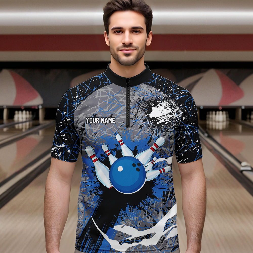 Personalized Black And Blue Camo Bowling Jerseys For Men Custom Bowling Team Polo, Quarter-Zip Shirts NQS9746