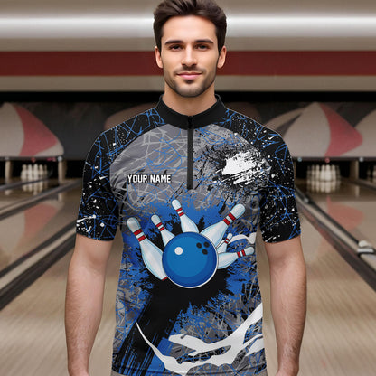 Personalized Black And Blue Camo Bowling Jerseys For Men Custom Bowling Team Polo, Quarter-Zip Shirts NQS9746