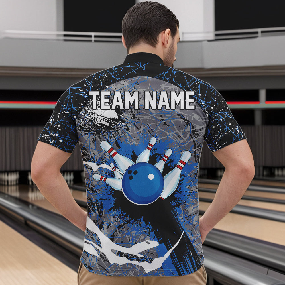 Personalized Black And Blue Camo Bowling Jerseys For Men Custom Bowling Team Polo, Quarter-Zip Shirts NQS9746