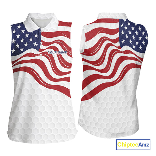 Red, White and Blue American Flag Women sleeveless polo shirt custom women's patriotic golf apparel NQS10169
